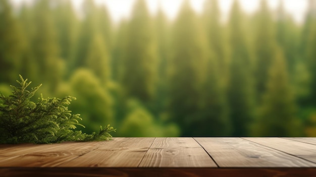 The empty wooden table top with blur background of boreal forest Exuberant image