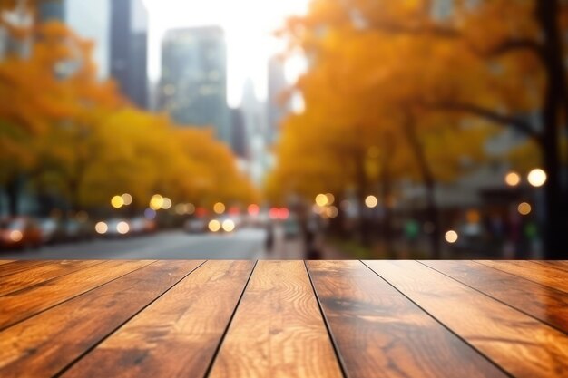 The empty wooden table top with blur background of business district and office building in autumn Exuberant image