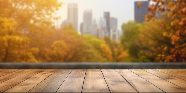 The empty wooden table top with blur background of business district and office building in autumn Exuberant image