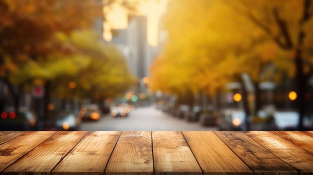 The empty wooden table top with blur background of business district and office building in autumn Exuberant