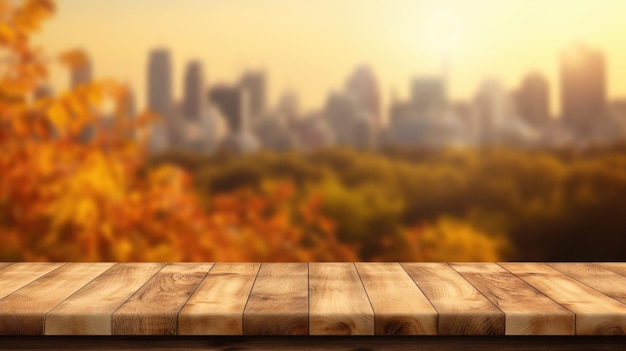 The empty wooden table top with blur background of nature skyline in autumn Exuberant image