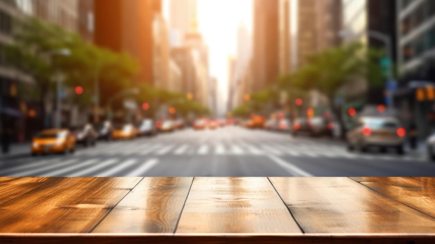 The empty wooden table top with blur background of NYC street Exuberant image