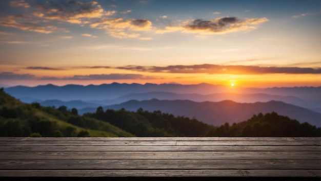 The empty wooden table top with blur background of sunset on the mountain For product display