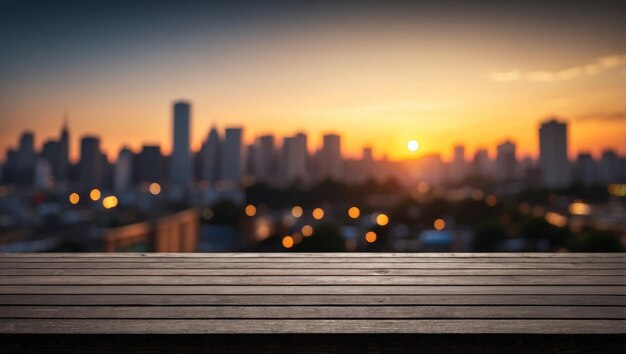 Photo the empty wooden table top with blur background of sunset on the urban for product display