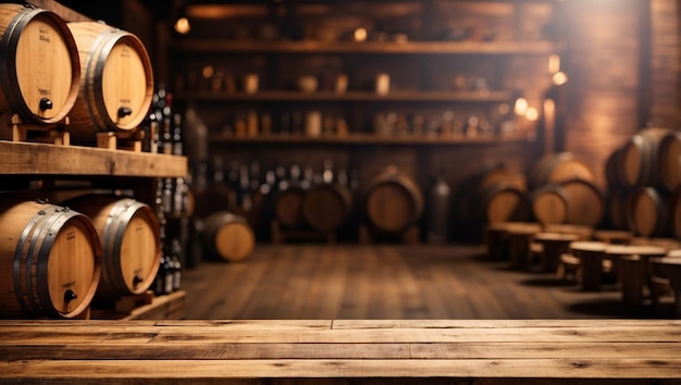 The empty wooden table top with blur background of wine barrels For product display