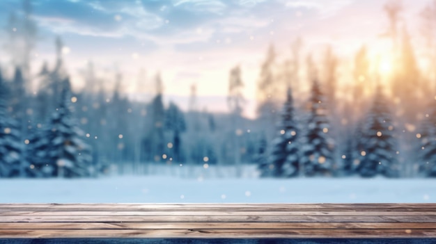 The empty wooden table top with blur background of winter in Finland Exuberant image