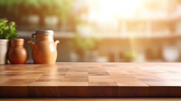 Empty wooden table top with blur background