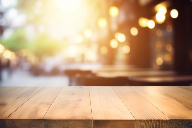 Empty wooden table top with blur restaurant background