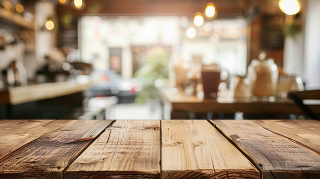 empty wooden table top with blurred background