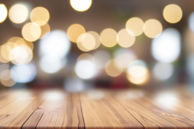 Photo empty wooden table top with blurred bokeh lights background