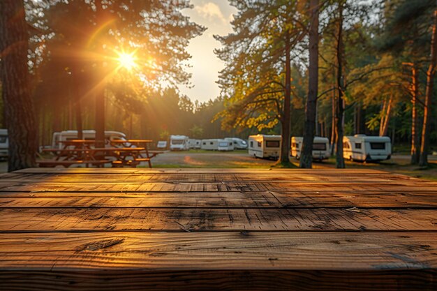 empty wooden table top with blurred camping area and caravans product display