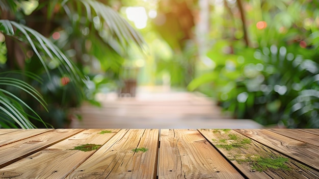 empty wooden table top with blurred green garden background