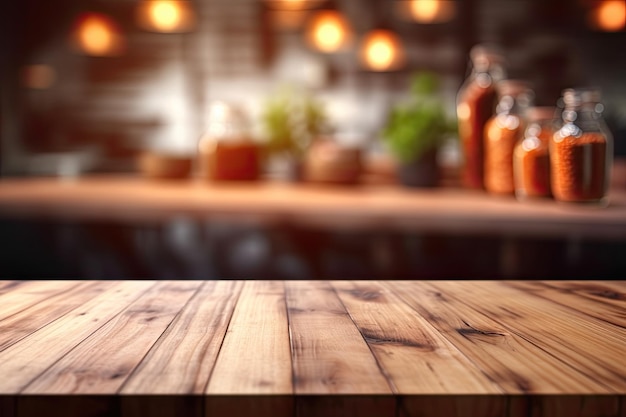 Empty Wooden Table Top with Blurred Kitchen Background