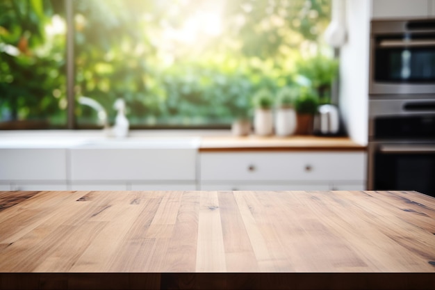 Empty wooden table top with blurred modern kitchen room background for product display montage