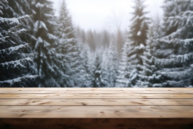 Empty wooden table top with blurred snowy fir trees background for product display montage