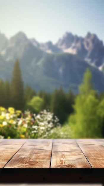 Empty wooden table top with blurred spring sunny mountains