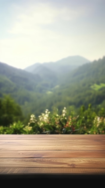 Empty wooden table top with blurred spring sunny mountains