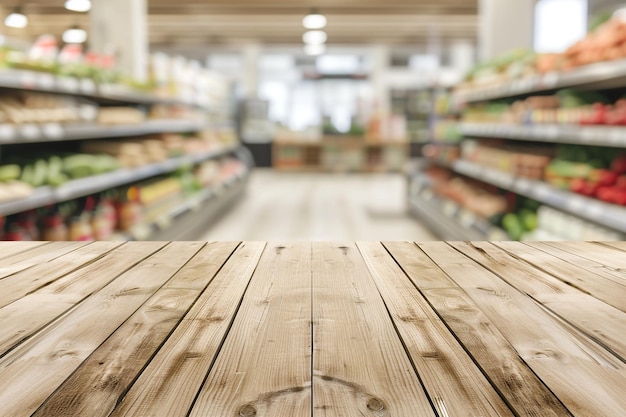 Empty wooden table top with blurred store in supermarket background for product display