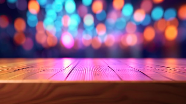 Empty wooden table top with colorful blur bokeh lights background