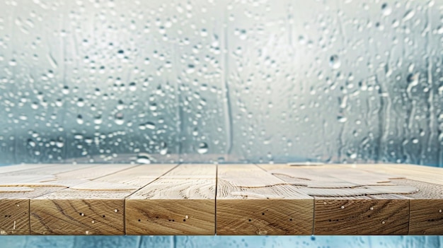 empty wooden table top with glass wall and water droplets