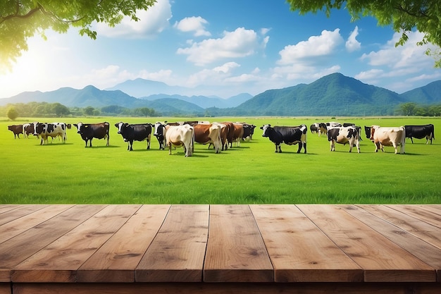 Empty wooden table top with grass field and cows background