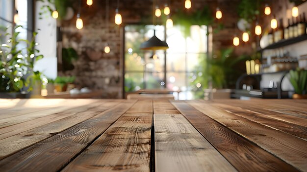 Empty wooden table top with lights bokeh on blur restaurant background