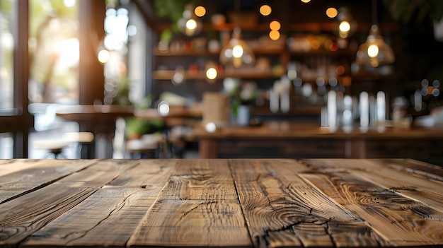 Empty wooden table top with lights bokeh on blur restaurant background