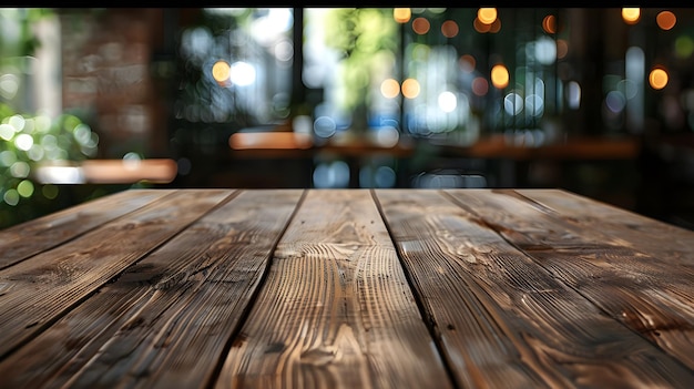 Empty wooden table top with lights bokeh on blur restaurant background