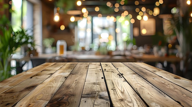 Empty wooden table top with lights bokeh on blur restaurant background