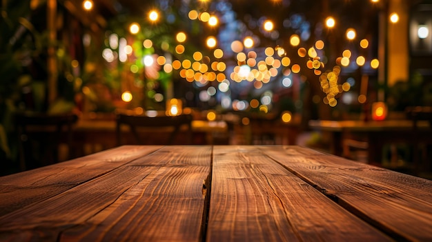 Empty wooden table top with lights bokeh on blur restaurant background