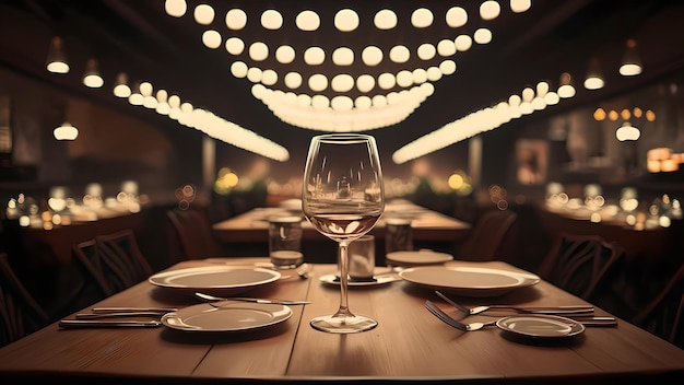 Empty wooden table top with lights bokeh on blur restaurant background