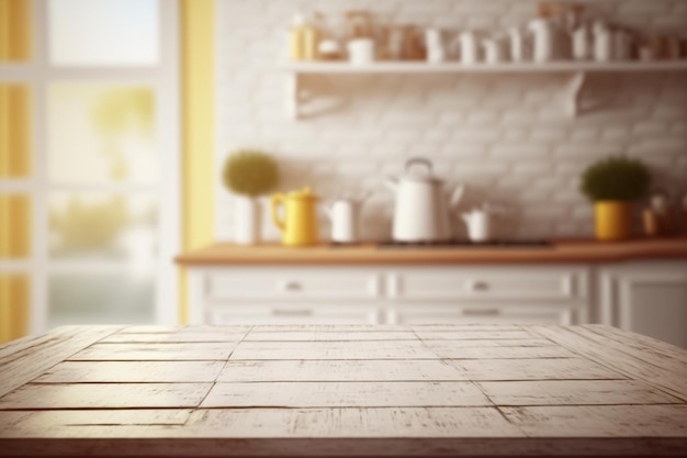 Empty wooden table top with view of shabby chic kitchen or wooden desk with copy space for your text