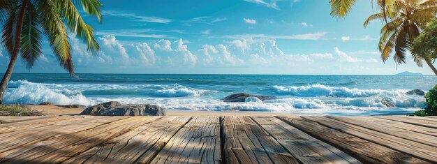 Photo empty wooden table on tropical beach ocean background selective focus