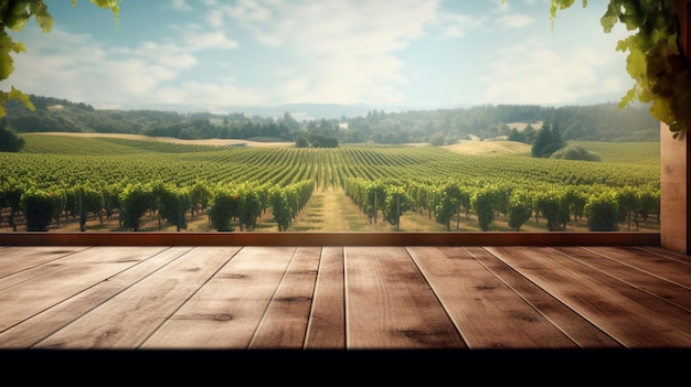 Empty wooden table vineyard view out of open window Template for product presentation Generative AI