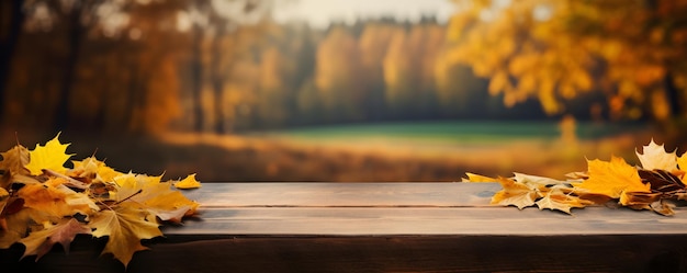 Empty wooden table with autumn background