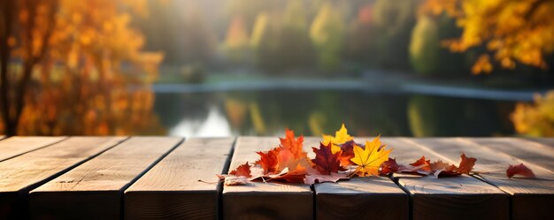 Empty wooden table with autumn background