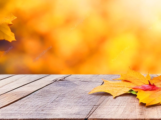 Empty wooden table with autumn background