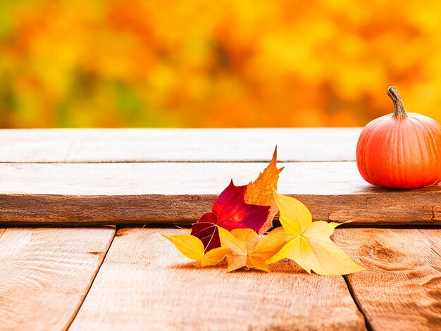 Empty wooden table with autumn background