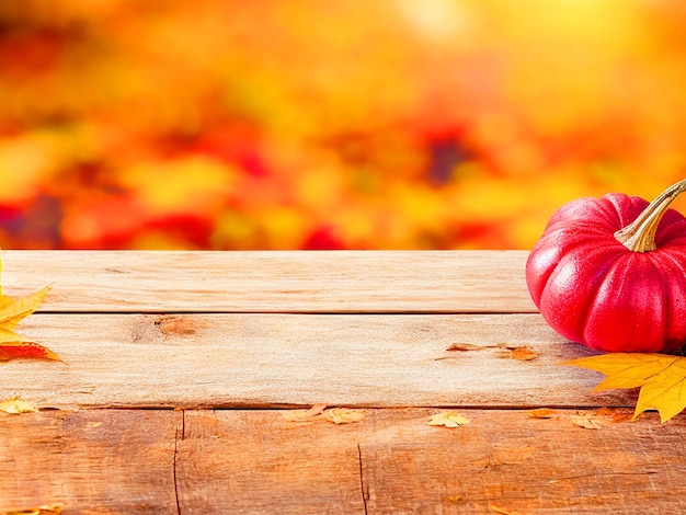 Empty wooden table with autumn background