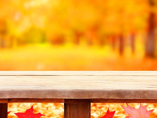 Empty wooden table with autumn background