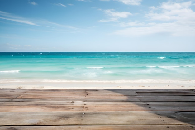 Empty Wooden Table with Beach and Sea View for product display banner