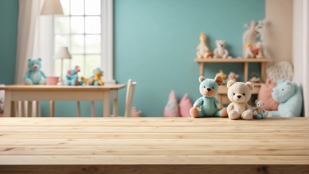 empty wooden table with blur baby bad room background