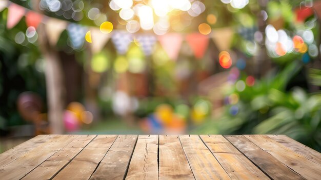 Empty wooden table with blur party flag in blur garden background