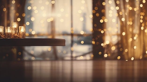 empty wooden table with blurred background of abstract lights for display your product