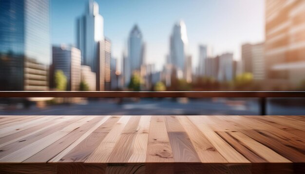 Empty wooden table with blurred background of a city view skyline Ideals for product presentation