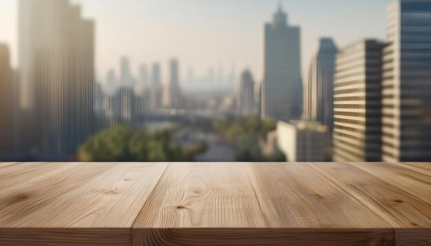 Empty wooden table with blurred background of a city view skyline Ideals for product presentation