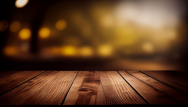 Empty wooden table with blurred background of outdoor cafe or coffee shop