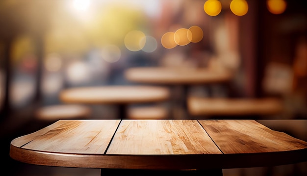 Empty wooden table with blurred background of outdoor cafe or coffee shop