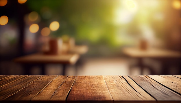 Empty wooden table with blurred background of outdoor cafe or coffee shop