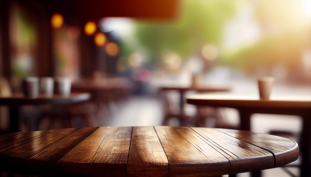 Empty wooden table with blurred background of outdoor cafe or coffee shop